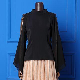 Cut Out Shoulder Mock Neck Long Sleeve Chiffon Top