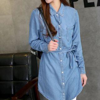Tie-waist Long Denim Shirt