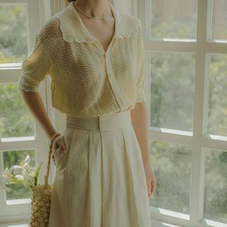 Short-sleeve Pointelle Polo Knit Top / Midi A-line Skirt