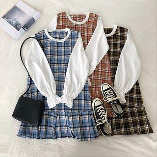 Mock Two-piece Panel Plaid Long-sleeve Ruffle-trim Dress
