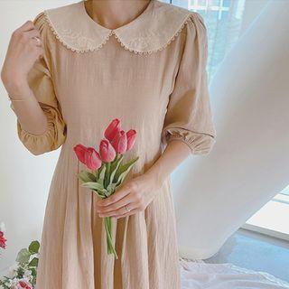 Contrast-collar Tie-waist A-line Dress Yellow - One Size