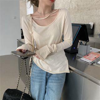Long-sleeve Tie Neck Plain T-shirt As Shown In Figure - One Size