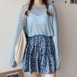 See-through Long Sleeve Top / Floral Mini A-line Skirt