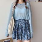 See-through Long Sleeve Top / Floral Mini A-line Skirt