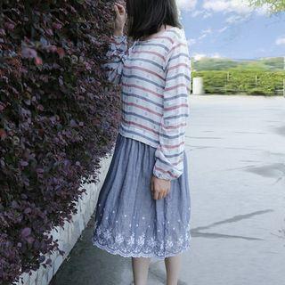 Striped Mock Two Piece Long-sleeve A-line Dress Gray - One Size