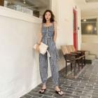 Button-front Sleeveless Gingham Jumpsuit With Sash Black - One Size