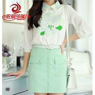 Set: 3/4-sleeve Chiffon Blouse + Buttoned Skirt