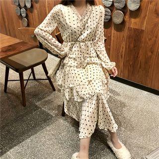 Long-sleeve Dotted Chiffon Layer Dress As Shown In Figure - One Size