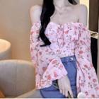 Bell-sleeve Off-shoulder Floral Chiffon Blouse