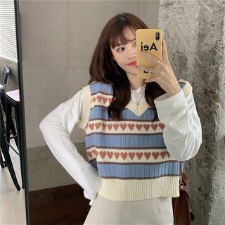 Plain Long-sleeve T-shirt / Heart Print Knit Vest