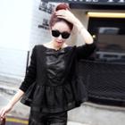 Long-sleeve Faux-leather Panel Lace Top