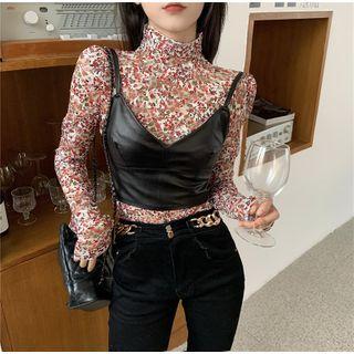 Floral Print Turtle-neck Long-sleeve Top / Faux-leather Cropped Sleeveless Top