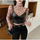 Floral Print Turtle-neck Long-sleeve Top / Faux-leather Cropped Sleeveless Top