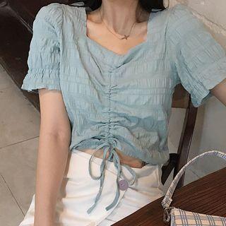 Plain Short-sleeve Drawstring Cropped Blouse Light Blue - One Size