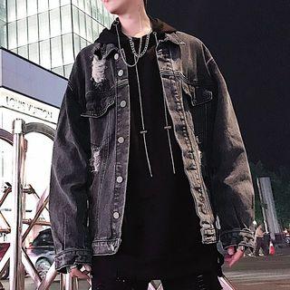 Lettering Chained Denim Ripped Jacket