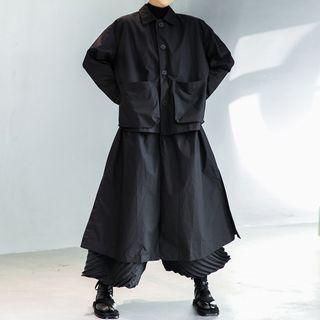 Plain Button Jacket / Wide Leg Pants Jacket - Black - One Size / Pants - Black - One Size
