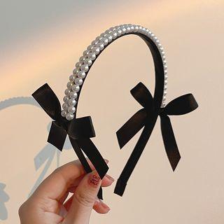 Ribbon Faux Pearl Headband Black & White - One Size