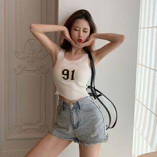 Number Embroidered Cropped Knit Tank Top