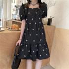 Puff-sleeve Flower Embroidered A-line Dress Black - One Size