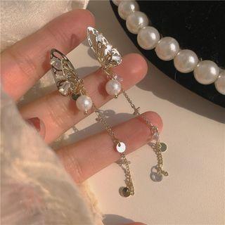 Butterfly Faux Pearl Drop Earring 1 Pair - Silver Needle - Gold - One Size