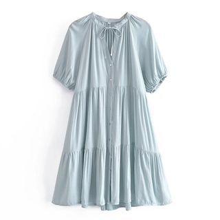 Tie-neck Plain Mini A-line Dress