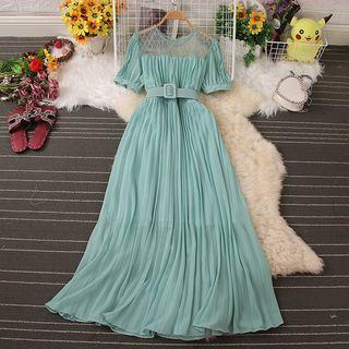 Short-sleeve Mesh Panel Accordion Pleat Maxi A-line Dress