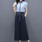 Set: Short-sleeve Chiffon Top + Wide Leg Pants