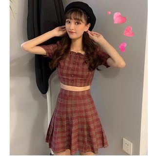 Set: Plaid Short-sleeve Top + A-line Skirt