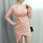 Asymmetric-hem Shirred Wrap-front Dress