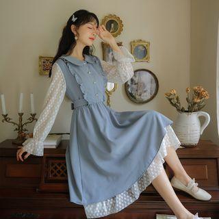 Mock Two-piece Puff-sleeve Dotted A-line Dress