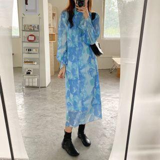 Stand Collar Frill Trim Tie-dye Midi Shift Dress Blue - One Size