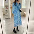 Stand Collar Frill Trim Tie-dye Midi Shift Dress Blue - One Size