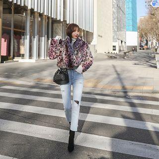 Leopard Faux-fur Short Jacket Pink - One Size