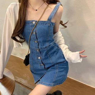 Spaghetti Strap Button-up Denim Mini Sheath Dress