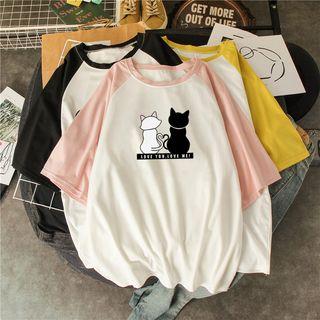 Cat Print Elbow-sleeve Raglan T-shirt