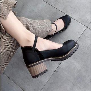 Faux Leather Lace Trim Block Heel Pumps