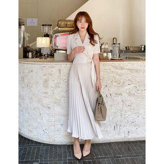 Open-placket Belted Maxi Pleated Dress