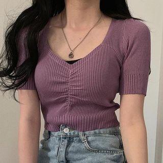 V-neck Ribbed Plain Short-sleeve Knit Top