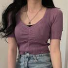 V-neck Ribbed Plain Short-sleeve Knit Top