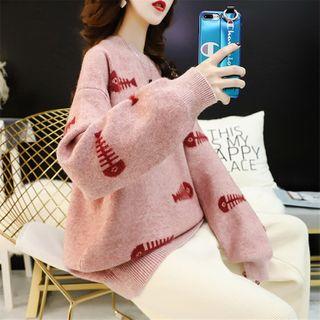 Fish Bone Print Crew-neck Sweater