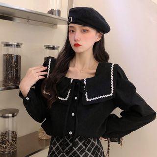 Long-sleeve Embroidered Tie-front Blouse