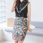 Striped Ruffled Sleeveless Blouse / Floral Embroidered Mini Pencil Skirt