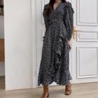 Irregular Hem Long-sleeve Floral Print Dress Floral - One Size