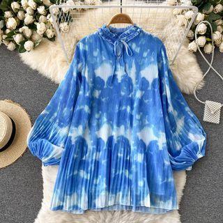 Ruched Tie-dye Print Lantern-sleeve Chiffon Top