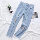 Embroidered Ripped Straight Cut Jeans