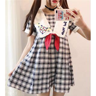 Embroidered Plaid Short-sleeve Minidress