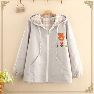 Two-way Bear Embroidered Hooded Oversize Jacket As Shown In Figure - M