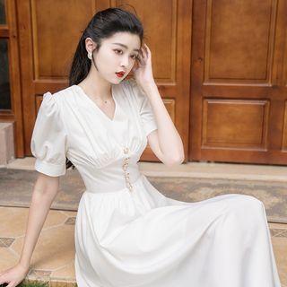 Long-sleeve / Short-sleeve V-neck Midi A-line Dress / Veil / Set
