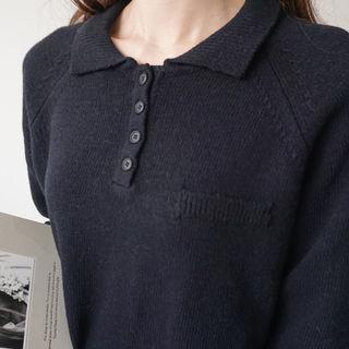 Wool Blend Collared Raglan-sleeve Knit Top