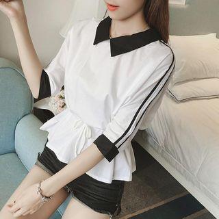 Contrast Trim 3/4 Sleeve Collared Top